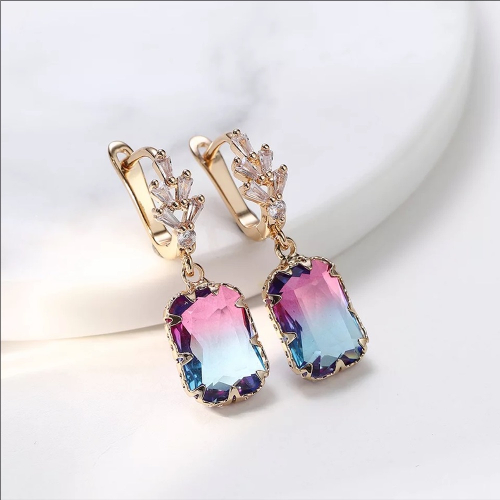 NEW 14k Multicolored Trendy Square Drop Earrings - Picture 3 of 4